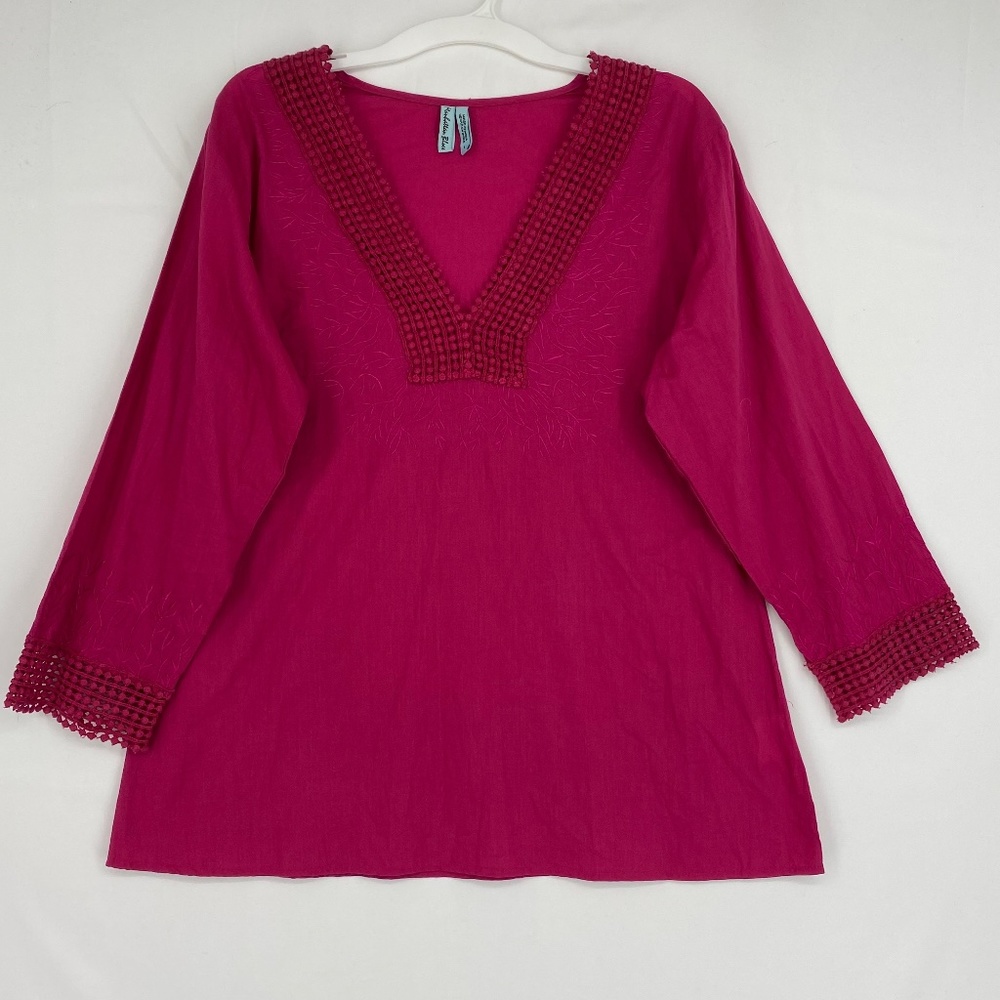 Manhattan Blues Womens Large Pullover Top Deep Fuchsia Pink Crochet Embroidered